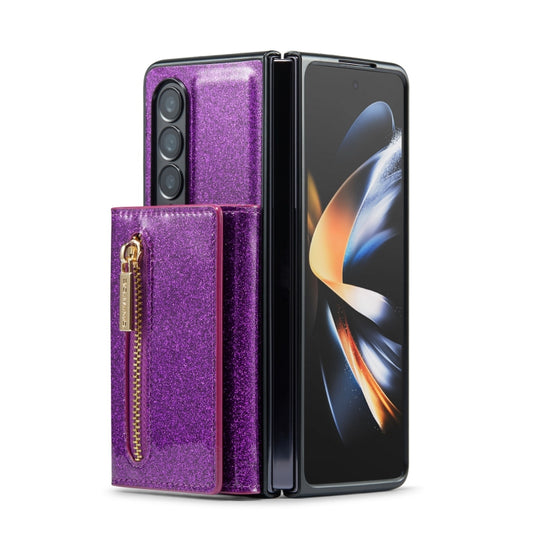 For Samsung Galaxy Z Fold3 5G DG.MING M3 Series Glitter Powder Card Bag Leather Case(Dark Purple) by DG.MING