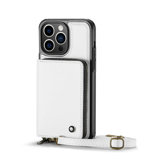 For iPhone 13 Pro JEEHOOD C22 Series Zipper Wallet Leather Phone Case with Dual Lanyard(White) - iPhone 13 Cases by JEEHOOD | Online Shopping UK | buy2fix