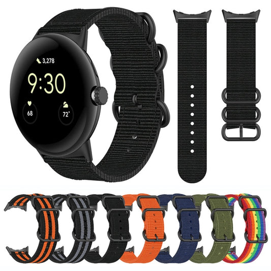 For Google Pixel Watch Three-ring Black Buckle Nylon Watch Band(Rainbow) by buy2fix