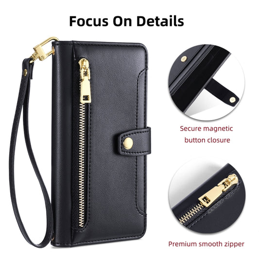 For iPhone 13 mini Sheep Texture Cross-body Zipper Wallet Leather Phone Case(Black) - iPhone 13 mini Cases by buy2fix | Online Shopping UK | buy2fix
