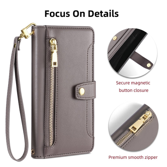 For iPhone 13 Sheep Texture Cross-body Zipper Wallet Leather Phone Case(Grey) - iPhone 13 Cases by buy2fix | Online Shopping UK | buy2fix