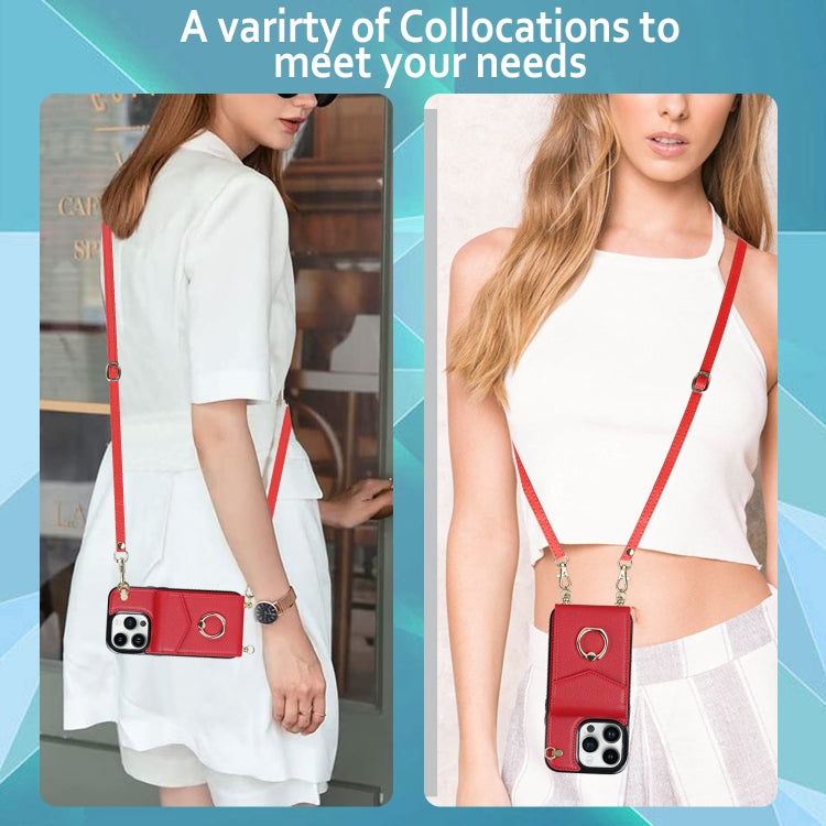 For iPhone 14 Ring Holder RFID Card Slot Phone Case with Long Lanyard(Red) - iPhone 14 Cases by buy2fix | Online Shopping UK | buy2fix