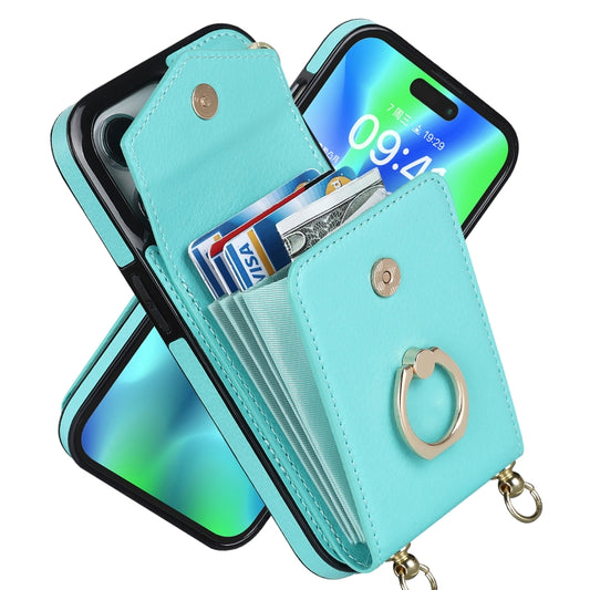 For iPhone 14 Pro Ring Holder RFID Card Slot Phone Case with Long Lanyard(Mint Green) - iPhone 14 Pro Cases by buy2fix | Online Shopping UK | buy2fix