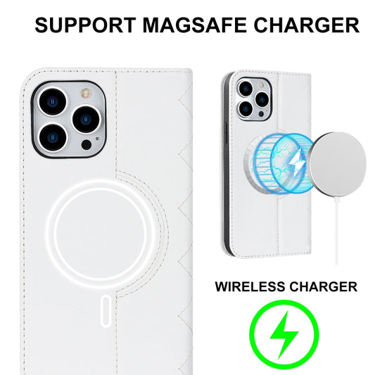 For iPhone 14 Pro Rhombic MagSafe RFID Anti-Theft Wallet Leather Phone Case(White) by buy2fix