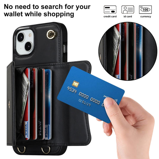 For iPhone 14 Plus RFID Card Slot Phone Case with Long Lanyard(Black) - iPhone 14 Plus Cases by buy2fix | Online Shopping UK | buy2fix