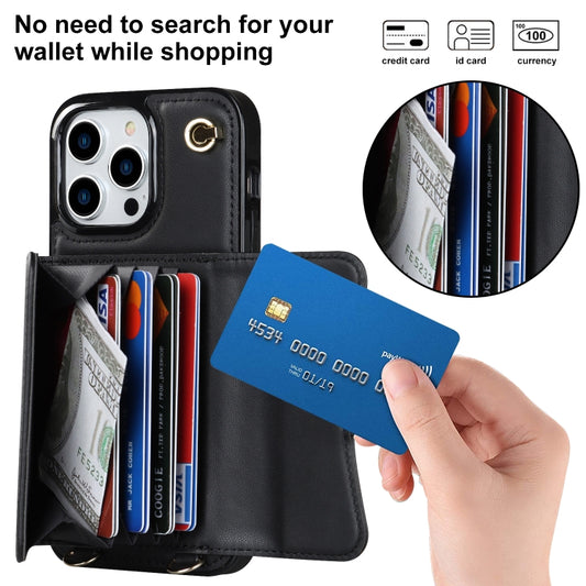 For iPhone 14 Pro RFID Card Slot Phone Case with Long Lanyard(Black) - iPhone 14 Pro Cases by buy2fix | Online Shopping UK | buy2fix
