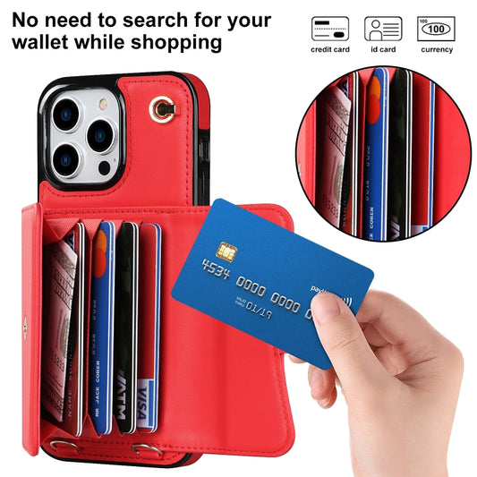 For iPhone 14 Pro RFID Card Slot Phone Case with Long Lanyard(Red) - iPhone 14 Pro Cases by buy2fix | Online Shopping UK | buy2fix