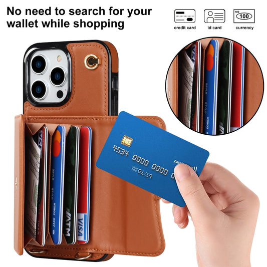 For iPhone 14 Pro RFID Card Slot Phone Case with Long Lanyard(Brown) - iPhone 14 Pro Cases by buy2fix | Online Shopping UK | buy2fix