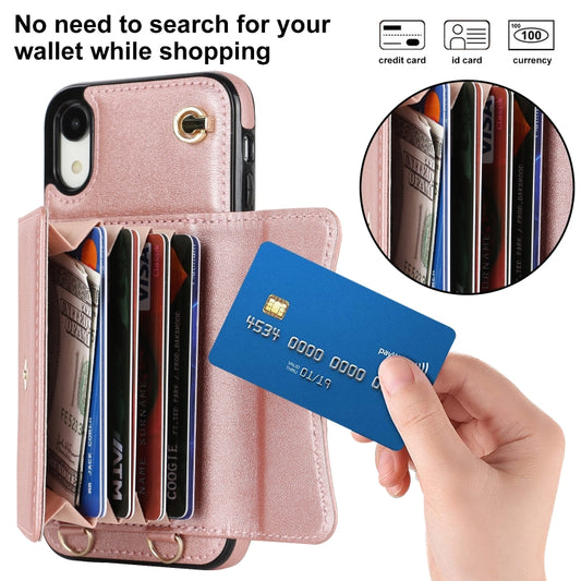 For iPhone XR RFID Card Slot Phone Case with Long Lanyard(Rose Gold) - More iPhone Cases by buy2fix | Online Shopping UK | buy2fix