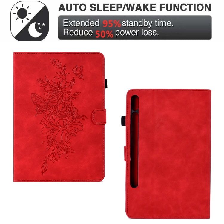 For Samsung Galaxy Tab S7 / S8 Peony Butterfly Embossed Leather Smart Tablet Case(Red) by buy2fix