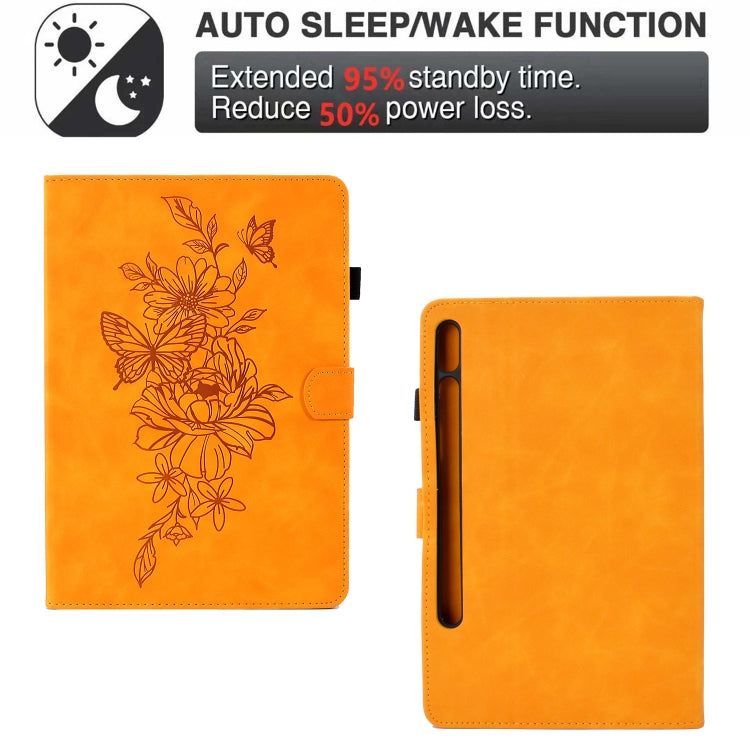 For Samsung Galaxy Tab S7 / S8 Peony Butterfly Embossed Leather Smart Tablet Case(Khaki) by buy2fix