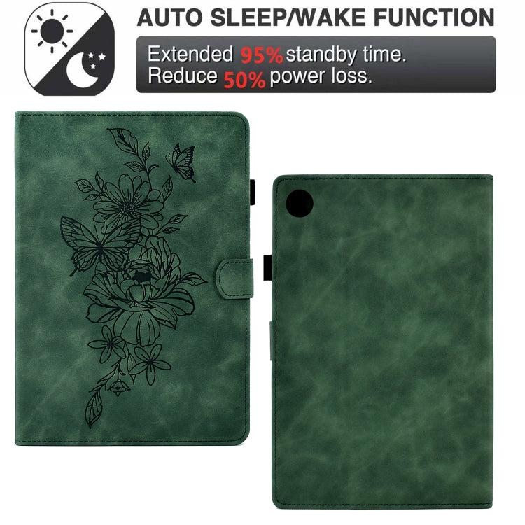 For Samsung Galaxy Tab A8 10.5 2021 X205 Peony Butterfly Embossed Leather Smart Tablet Case(Green) by buy2fix