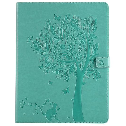 For iPad Pro 12.9 (2020) Pressed Printing Cat and Tree Pattern Horizontal Flip Leather Tablet Case with Holder & Card Slots & Wallet(Green) - iPad Pro 12.9 (2020) Cases by buy2fix | Online Shopping UK | buy2fix