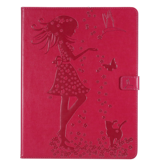 For iPad Pro 12.9 (2020) Pressed Printing Woman and Cat Pattern Horizontal Flip Leather Tablet Case with Holder & Card Slots & Wallet(Red) - iPad Pro 12.9 (2020) Cases by buy2fix | Online Shopping UK | buy2fix