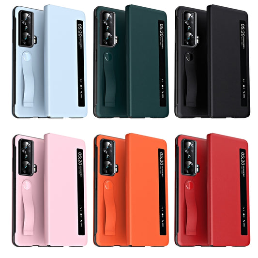 For Honor Magic Vs Side Window View Smart Litchi Pattern Leather Phone Case with Hand Strap(Red) - Honor Cases by buy2fix | Online Shopping UK | buy2fix