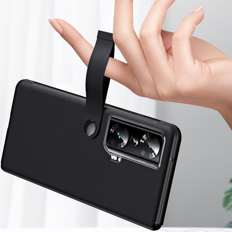 For Honor Magic Vs Side Window View Smart Litchi Pattern Leather Phone Case with Hand Strap(Black) - Honor Cases by buy2fix | Online Shopping UK | buy2fix
