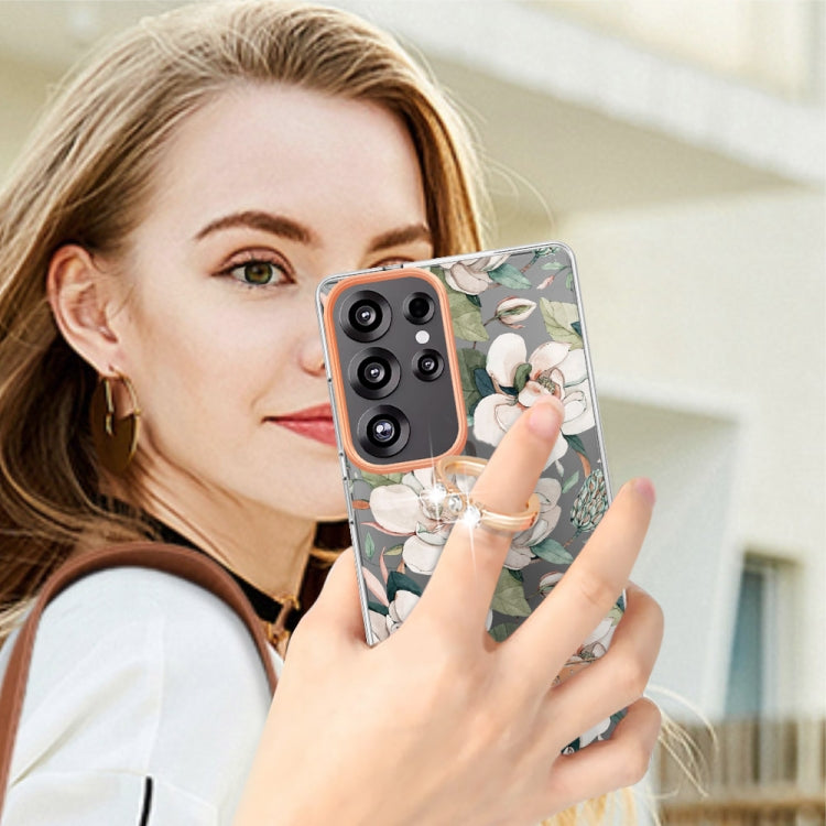 For Samsung Galaxy S25 Ultra 5G Flowers and Plants Series IMD TPU Phone Case with Ring Holder(Green Gardenia) by buy2fix