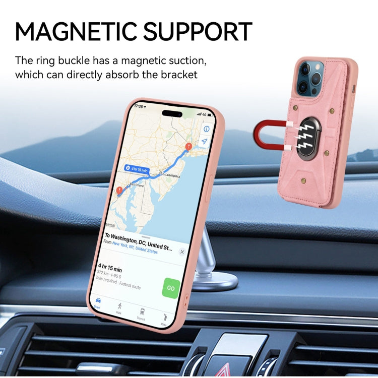 For iPhone 12 / 12 Pro Armor Ring Wallet Back Cover Phone Case(Pink) by buy2fix