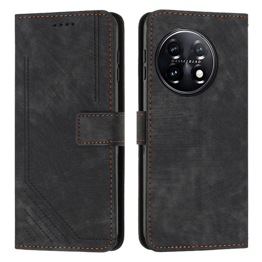 For OnePlus 11 Skin Feel Stripe Pattern Leather Phone Case with Lanyard(Black) by buy2fix