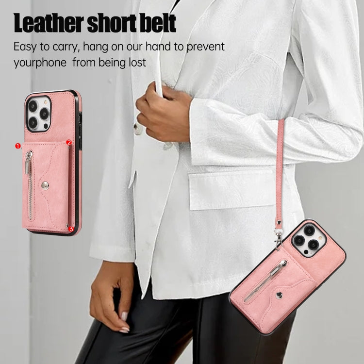 For iPhone 13 mini Zipper RFID Card Slot Phone Case with Short Lanyard(Rose Gold) - iPhone 13 mini Cases by buy2fix | Online Shopping UK | buy2fix