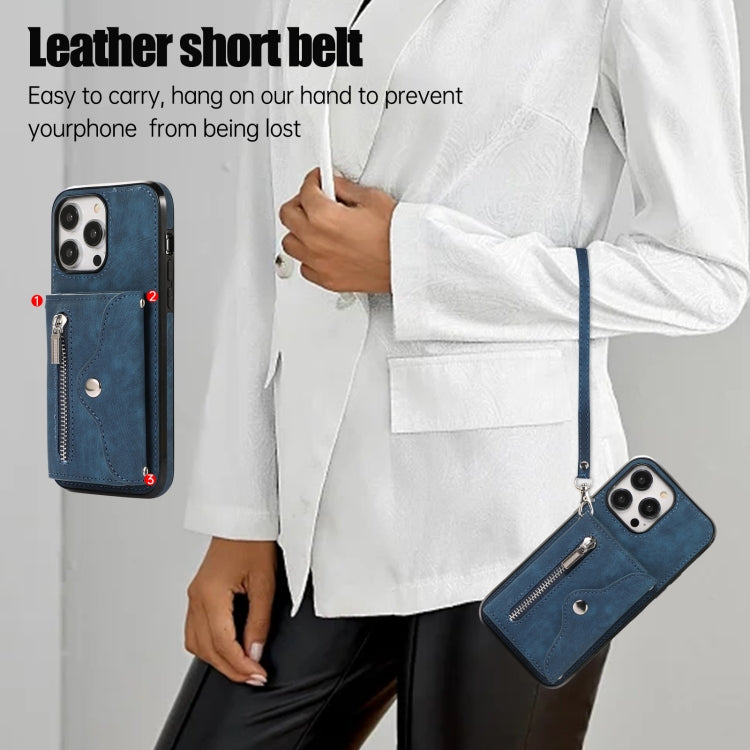 For iPhone 13 mini Zipper RFID Card Slot Phone Case with Short Lanyard(Blue) - iPhone 13 mini Cases by buy2fix | Online Shopping UK | buy2fix