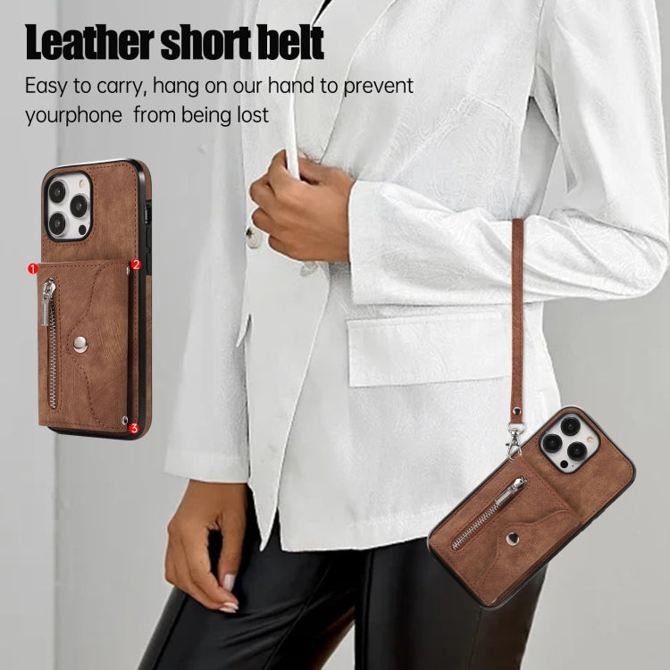 For iPhone 13 Pro Zipper RFID Card Slot Phone Case with Short Lanyard(Brown) - iPhone 13 Pro Cases by buy2fix | Online Shopping UK | buy2fix