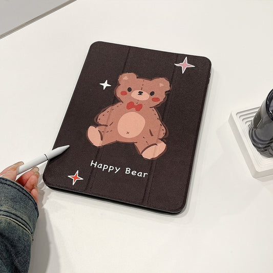 For iPad 10.2 2022 / 2021 / 2020 / 2019 Acrylic Painted 3-fold Holder Leather Tablet Case(Happy Bear) - iPad 10.2 Cases by buy2fix | Online Shopping UK | buy2fix