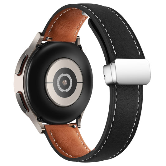 22mm Folding Buckle Plain Weave Genuine Leather Watch Band(Black+Silver) by buy2fix