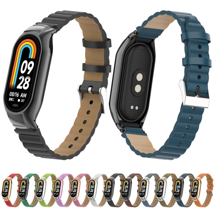 For Xiaomi Mi Band 8 Integrated Metal Case + Bamboo Leather Watch Band(Black) by buy2fix