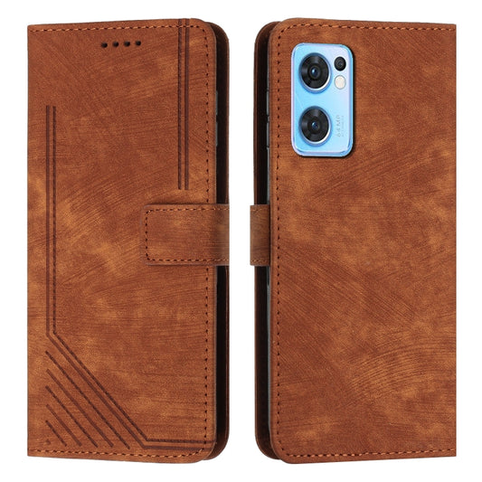 For OPPO Reno7 5G Global / Find X5 Lite Skin Feel Stripe Pattern Leather Phone Case with Lanyard(Brown) by buy2fix