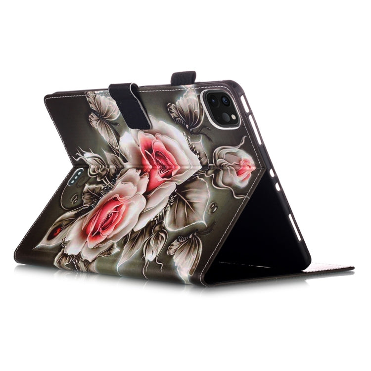 For iPad Pro 11 (2020) Plain Weave Texture Colored Drawing Horizontal Flip Leather Tablet Case, with Sleep / Wake-up Function & Holder & Card Slo & Wallet(Rose On Black) - iPad Pro 11 (2020) Cases by buy2fix | Online Shopping UK | buy2fix