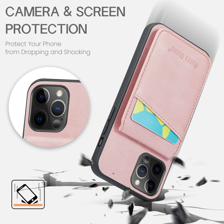 For iPhone 12 Pro Max Fierre Shann Crazy Horse Card Holder Back Cover PU Phone Case(Pink) - iPhone 12 Pro Max Cases by FIERRE SHANN | Online Shopping UK | buy2fix