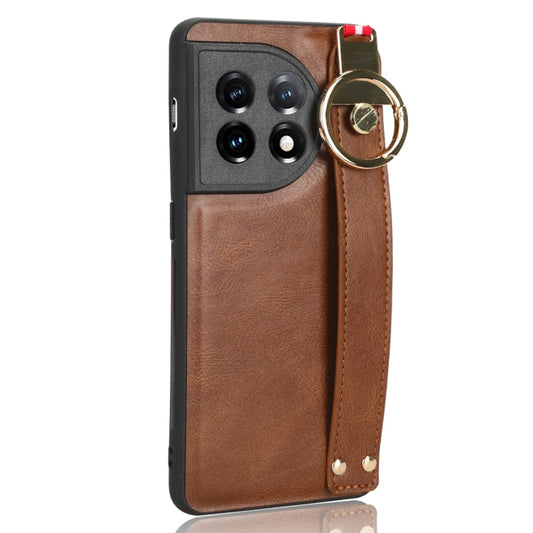 For OnePlus 11 Wristband Leather Back Phone Case(Brown) by buy2fix