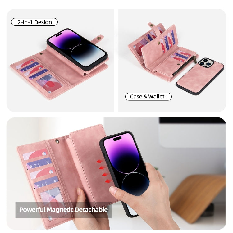 For iPhone 14 Pro Zipper Wallet Magnetic Detachable Leather Phone Case(Pink) by buy2fix