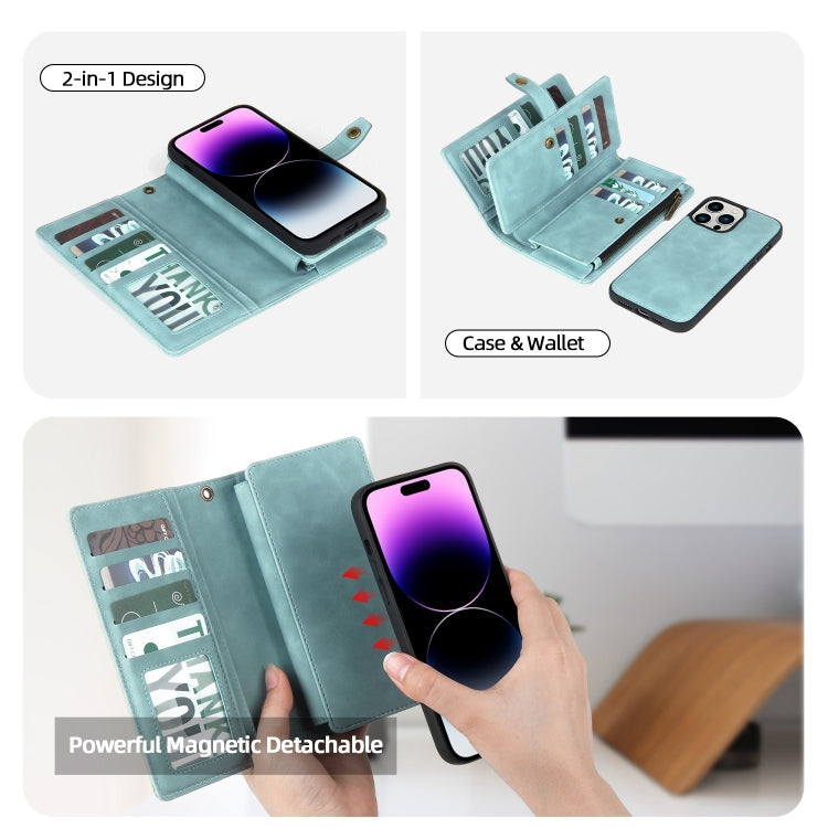 For iPhone 14 Pro Max Zipper Wallet Magnetic Detachable Leather Phone Case(Blue) by buy2fix