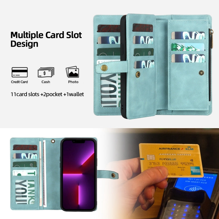 For iPhone 13 Pro Max Zipper Wallet Magnetic Detachable Leather Phone Case(Blue) by buy2fix