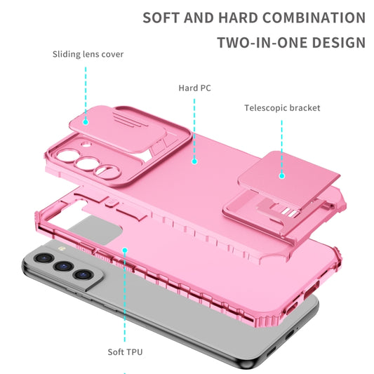 For Samsung Galaxy S22+ 5G Stereoscopic Holder Sliding Camshield Phone Case(Pink) by buy2fix