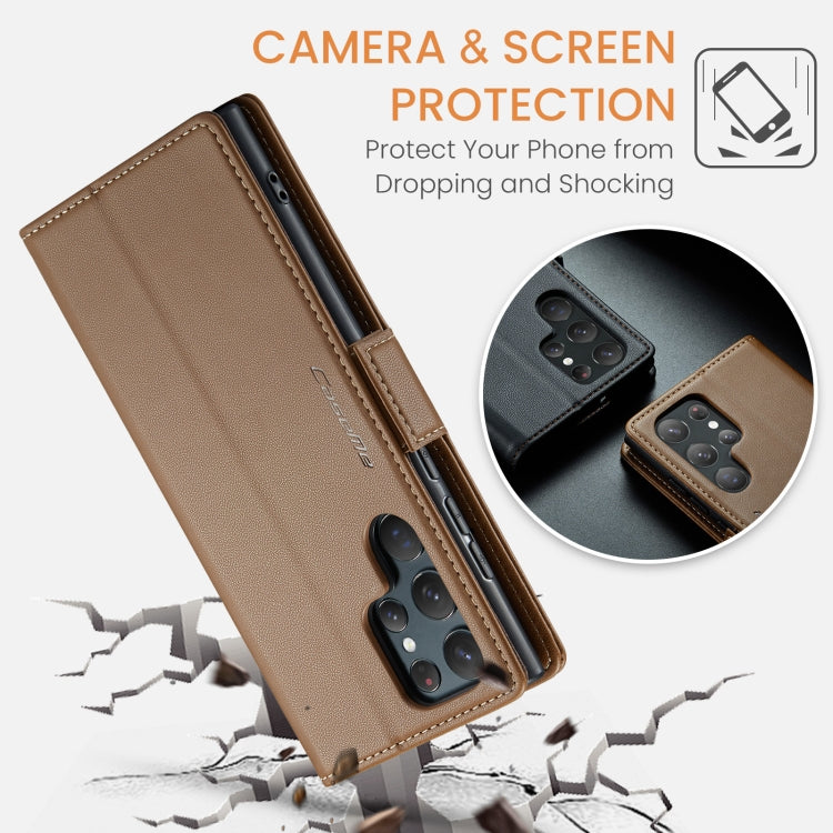 For Samsung Galaxy S22 Ultra 5G CaseMe 023 Butterfly Buckle Litchi Texture RFID Anti-theft Leather Phone Case(Brown) by CaseMe