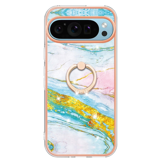 For Google Pixel 9 / 9 Pro Electroplating Marble IMD TPU Phone Case with Ring Holder(Green 004) by buy2fix
