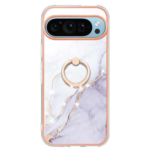 For Google Pixel 9 Pro XL Electroplating Marble IMD TPU Phone Case with Ring Holder(White 006) by buy2fix