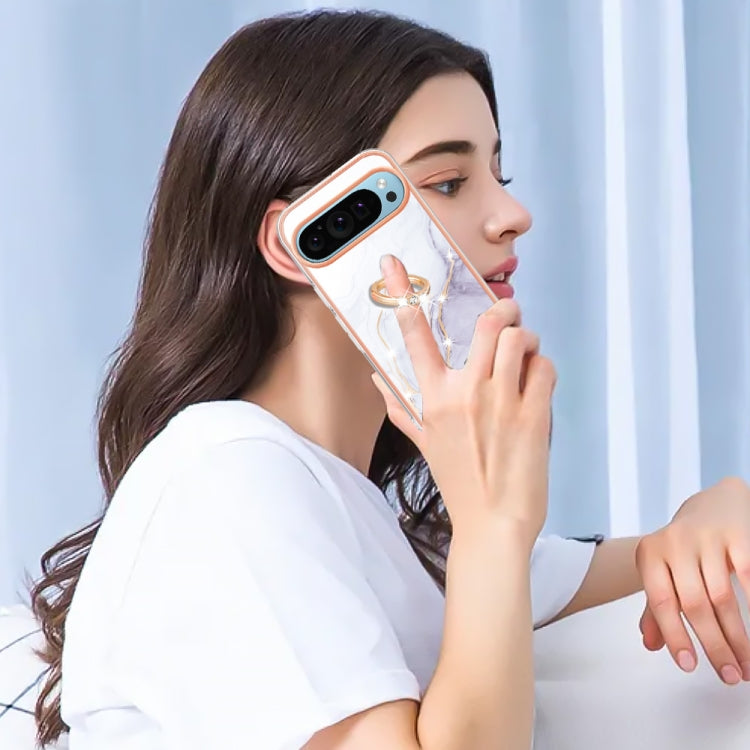 For Google Pixel 9 Pro XL Electroplating Marble IMD TPU Phone Case with Ring Holder(White 006) by buy2fix