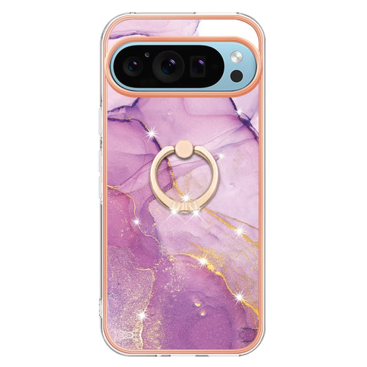 For Google Pixel 9 Pro XL Electroplating Marble IMD TPU Phone Case with Ring Holder(Purple 001) by buy2fix
