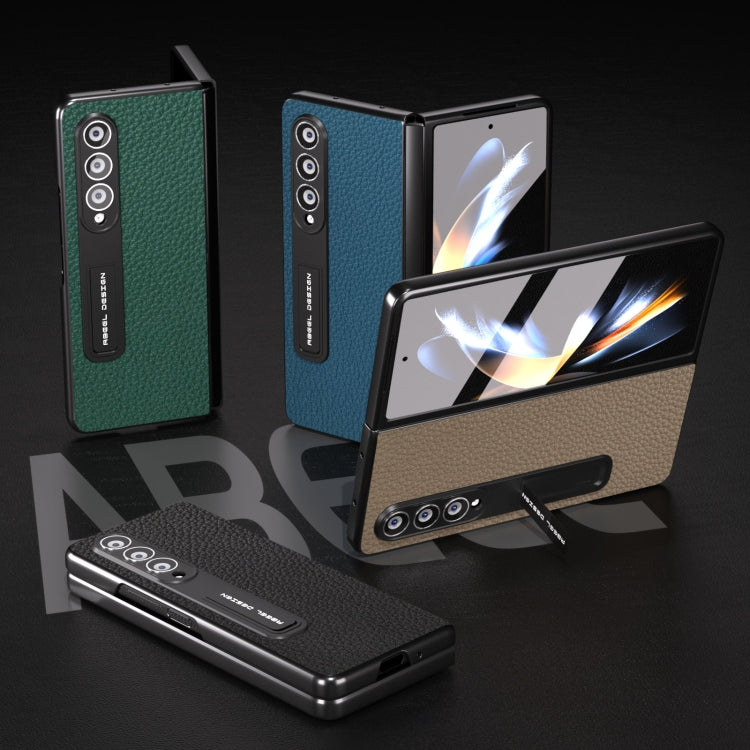 For Samsung Galaxy Z Fold3 5G Integrated Genuine Leather Litchi Texture Phone Case with Holder(Blue) - Galaxy Phone Cases by buy2fix | Online Shopping UK | buy2fix