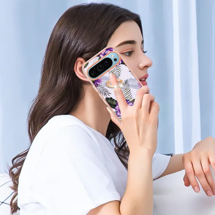 For Google Pixel 9 Pro XL Electroplating IMD TPU Phone Case with Ring(Purple Flower) by buy2fix
