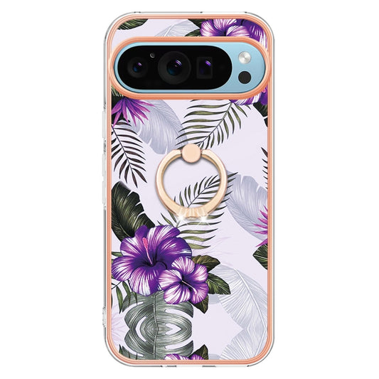 For Google Pixel 9 / 9 Pro Electroplating IMD TPU Phone Case with Ring(Purple Flower) by buy2fix