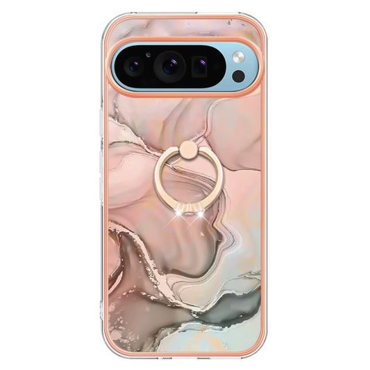 For Google Pixel 9 / 9 Pro Electroplating Marble Dual-side IMD Phone Case with Ring(Rose Gold 015) by buy2fix