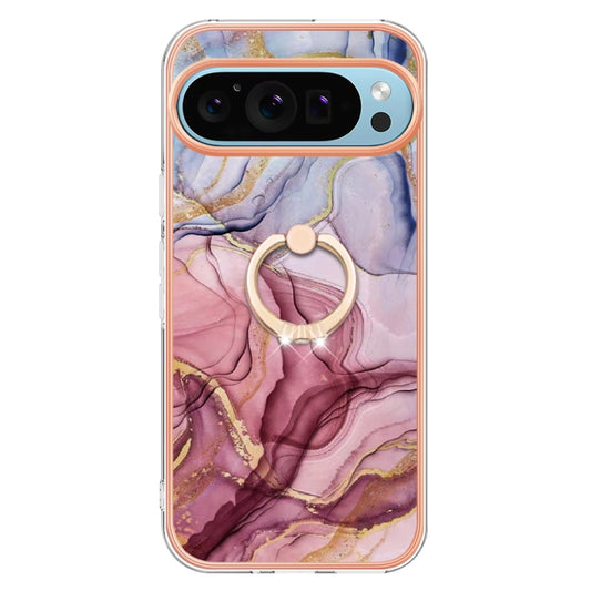 For Google Pixel 9 / 9 Pro Electroplating Marble Dual-side IMD Phone Case with Ring(Rose Red 014) by buy2fix