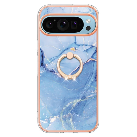 For Google Pixel 9 Pro XL Electroplating Marble Dual-side IMD Phone Case with Ring(Blue 018) by buy2fix