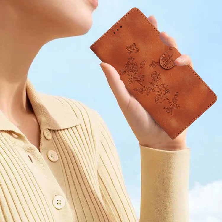 For iPhone 16 Pro Max Flower Butterfly Embossing Pattern Leather Phone Case(Brown) by buy2fix