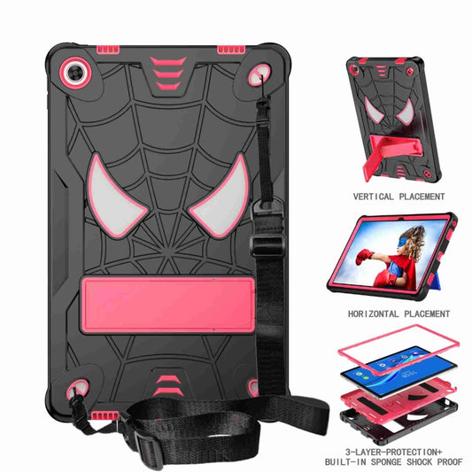 For Lenovo Tab M10 Plus 10.6 3rd Gen 2022 Spider Texture Silicone Hybrid PC Tablet Case with Shoulder Strap(Black + Rose Red) - Lenovo by buy2fix | Online Shopping UK | buy2fix